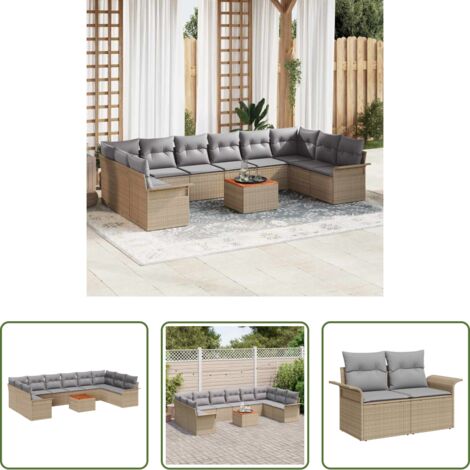 vidaXL Cuscino da giardino -  Set Divano da Giardino con cuscino 11 pcs Beige polyrattan