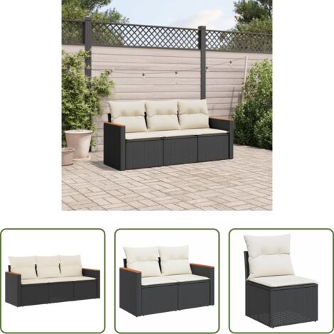 vidaXL Cuscino da seduta -  Set Divani da Giardino 3 pz con Cuscini in Polyrattan Nero