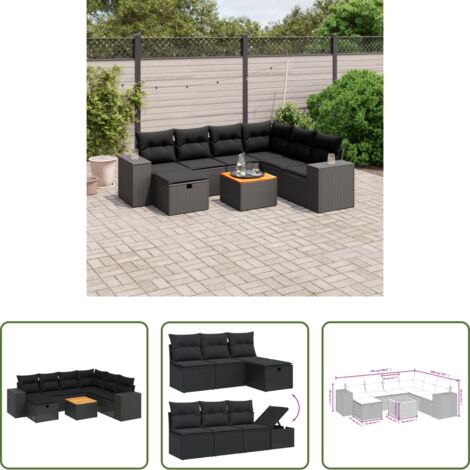 vidaXL Cuscino da seduta -  Set Divani da Giardino con Cuscini 8 pz Nero in Polyrattan