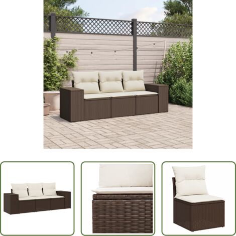 vidaXL Cuscino da seduta -  Set Divano da Giardino 3 pz con Cuscini Marrone in Polyrattan