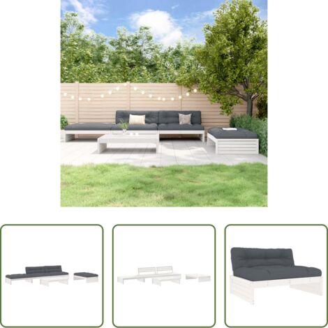 vidaXL Cuscino in legno -  Set Divani da Giardino 5pz con Cuscini in Legno Massello Bianco