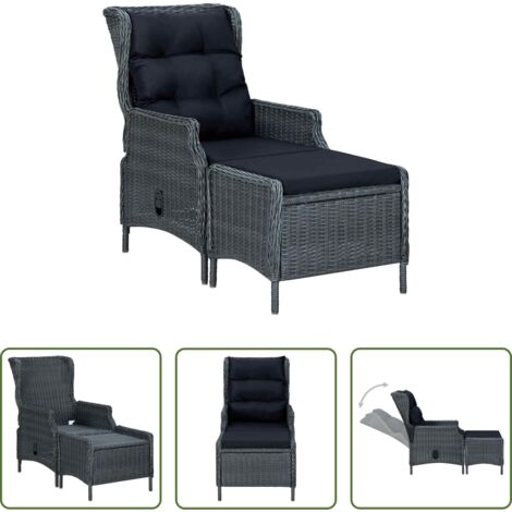 vidaXL Cuscino per sedile -  Sedia da Giardino Reclinabile con Pouf Polyrattan Grigio Scuro