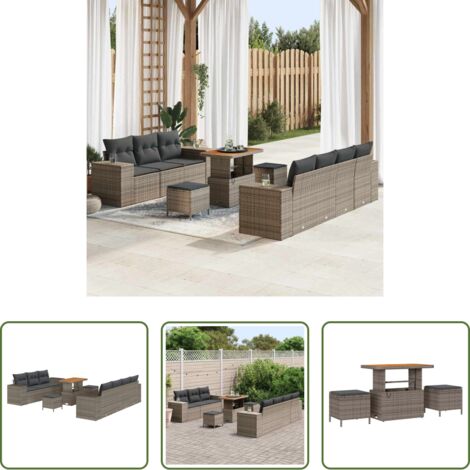 vidaXL Cuscino -  Set Divano da Giardino con cuscino 10 pcs Grigio polyrattan