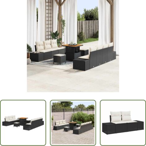 vidaXL Cuscino -  Set Divano da Giardino con cuscino 10 pcs Nero polyrattan