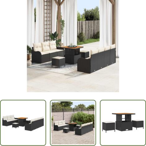 vidaXL Cuscino -  Set Divano da Giardino con cuscino 10 pcs Nero polyrattan