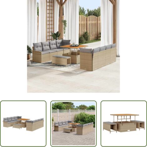 vidaXL Cuscino -  Set Divano da Giardino con cuscino 11 pcs Beige polyrattan