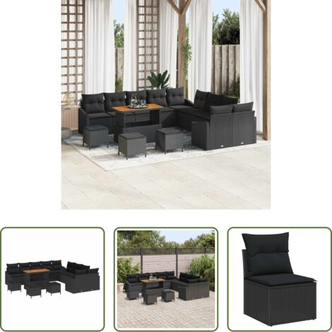 vidaXL Cuscino -  Set Divano da Giardino con cuscino 14 pcs Nero polyrattan