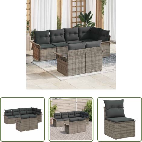 vidaXL Cuscino -  Set Divano da Giardino con cuscino 7 pcs Grigio polyrattan