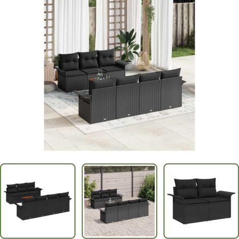vidaXL Cuscino -  Set Divano da Giardino con cuscino 8 pcs Nero polyrattan