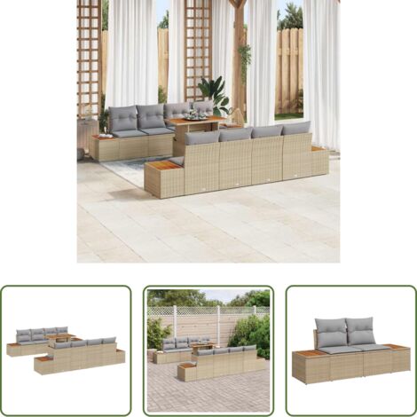vidaXL Cuscino -  Set Divano da Giardino con cuscino 9 pcs Beige Poly Rattan