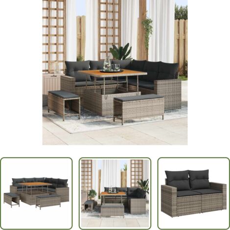 vidaXL Cuscino -  Set Divano da Giardino con cuscino 9 pcs Grigio polyrattan