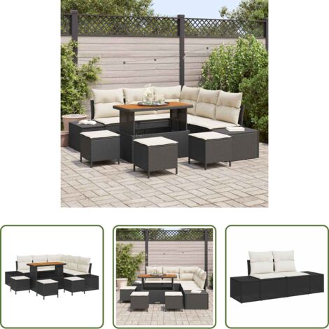 vidaXL Cuscino -  Set Divano da Giardino con cuscino 9 pcs Nero polyrattan