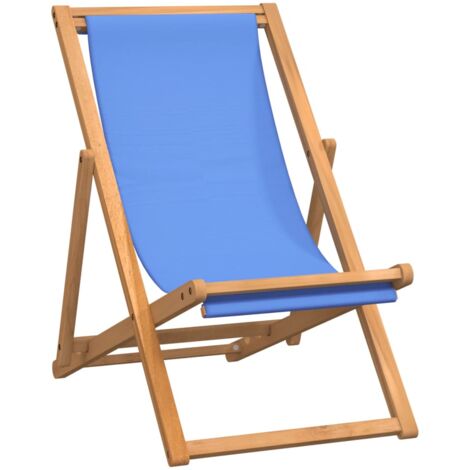 vidaXL Teak Deck Chair 56x105x96cm Outdoor Beach Foldable Seat Cream/Blue