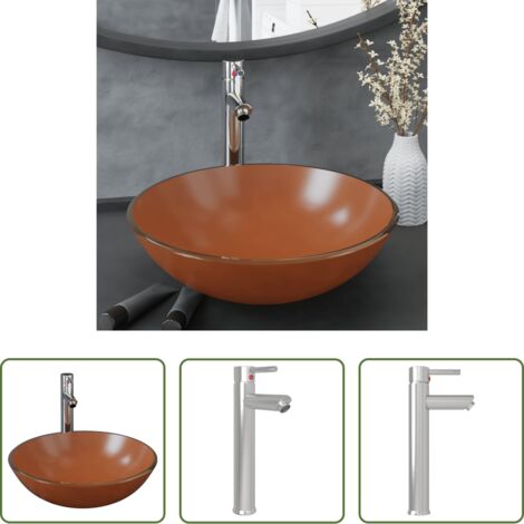 vidaXL Desagüe de empuje -  Lavabo de baño grifo y desagüe de empuje vidrio templado marrón