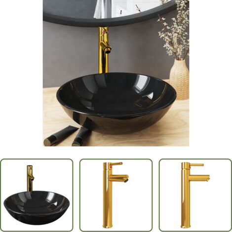 vidaXL Desagüe de empuje -  Lavabo de baño grifo y desagüe de empuje vidrio templado negro