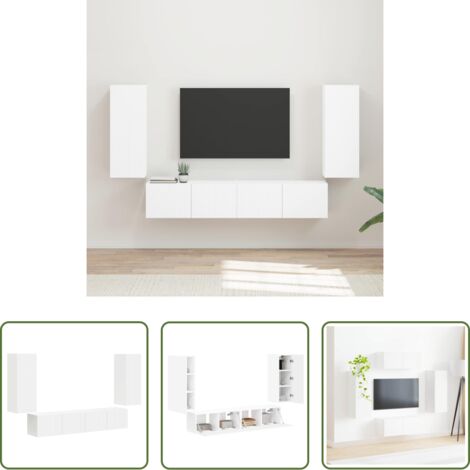 vidaXL Design moderno -  Set di Mobiletto da TV a Parete 4 pcs Bianco Legno multistrato