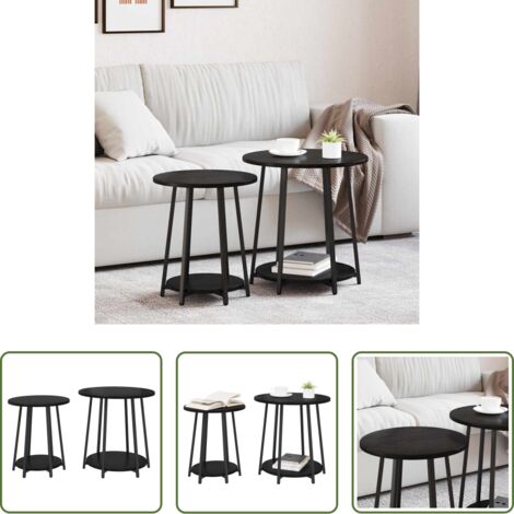 vidaXL Diseño industrial -  Conjunto de mesas auxiliares con estante 2 pcs Roble Negro