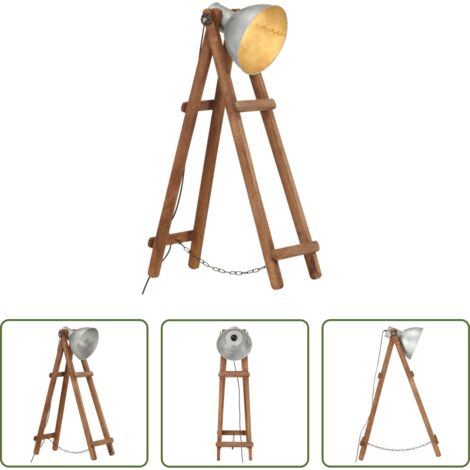 vidaXL Diseño vintage -  Lámpara de pie madera maciza de mango plateada E27