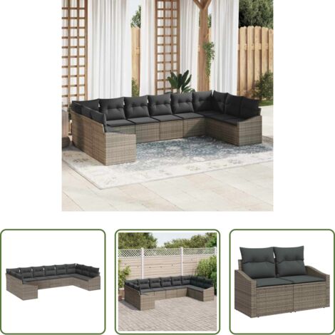 vidaXL Divani in polyrattan -  Set di divani con cuscino 10 pcs Grigio polyrattan