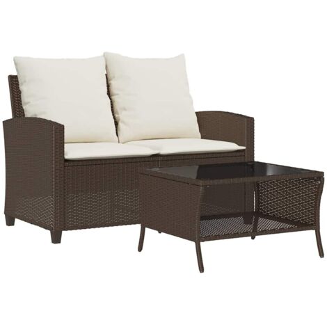 vidaXL Divano a 2 Posti con Cuscini e Tavolo Marrone Polyrattan