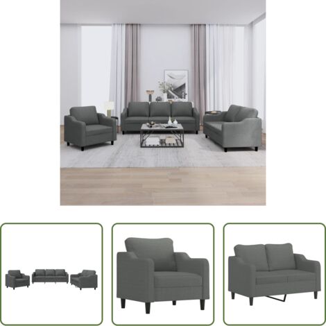 vidaXL Divano a 2 posti -  Set di Divani 3 pz con Cuscini Grigio Scuro in Tessuto