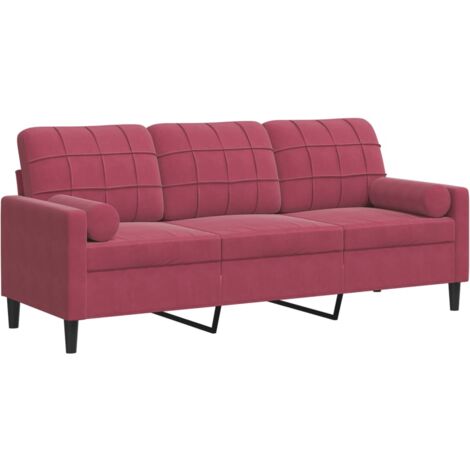 vidaXL Divano a 3 Posti con Cuscini Rosso Vino 180 cm in Velluto