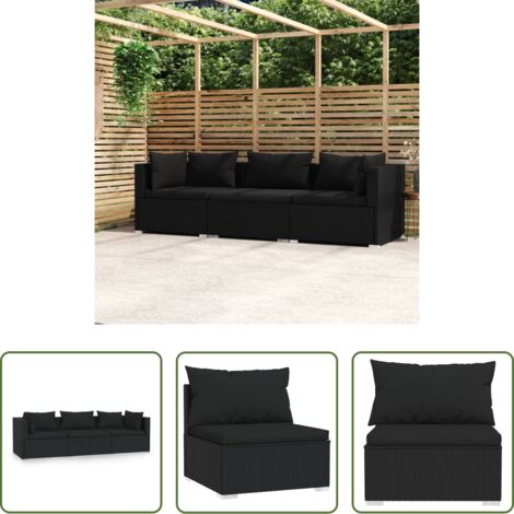 vidaXL Divano a 3 posti -  Divano a 3 Posti con Cuscini in Polyrattan Nero