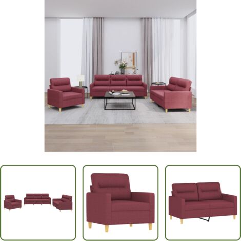 vidaXL Divano a 3 posti -  Set di Divani 3 pz con Cuscini Rosso Vino in Tessuto