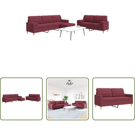 vidaXL Divano a 3 posti -  Set di Divani 3 pz Poggiapiedi e Cuscini Rosso Vino in Tessuto