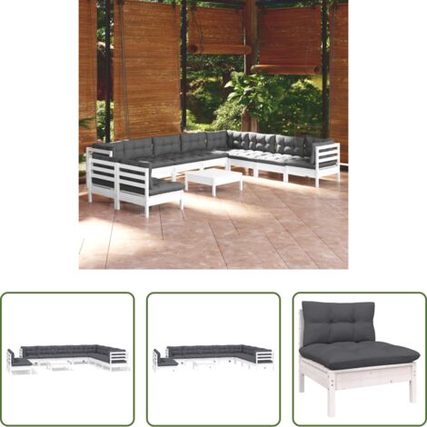 vidaXL Divano angolare -  Set Divani da Giardino 11 pz con Cuscini Bianchi Legno di Pino