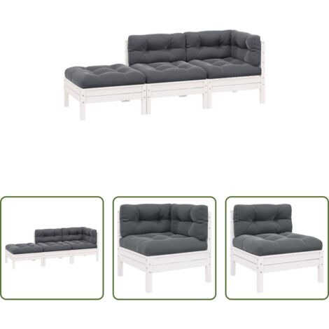 vidaXL Divano centrale -  Set Divani da Giardino 3 pz con Cuscini Bianco Massello di Pino