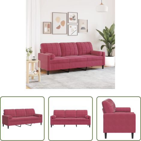 vidaXL Divano con cuscini -  Divano a 3 Posti con Cuscini Rosso Vino 180 cm in Velluto