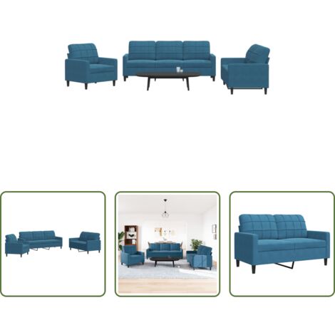 vidaXL Divano con cuscini -  Set di Divani 3 pz con Cuscini Blu in Velluto