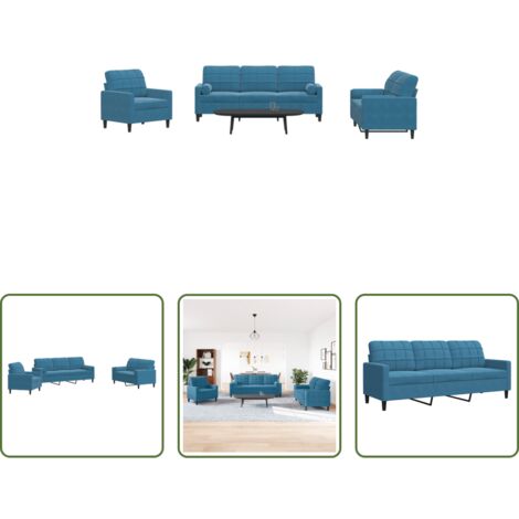 vidaXL Divano con cuscini -  Set di Divani 3 pz con Cuscini e Rinforzi Blu in Velluto