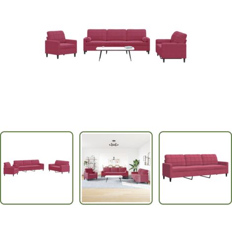 vidaXL Divano con cuscini -  Set di Divani 3 pz con Cuscini e Rinforzi Rosso Vino in Velluto