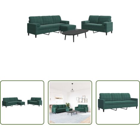 vidaXL Divano con cuscini -  Set di Divani 3 pz con Cuscini e Rinforzi Verde scuro Velluto