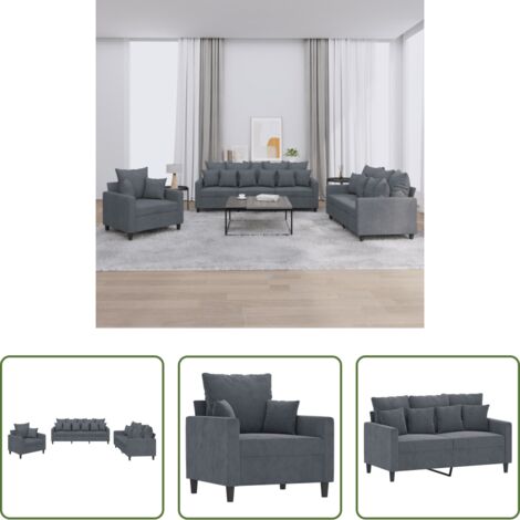 vidaXL Divano con cuscini -  Set di Divani 3 pz con Cuscini Grigio Scuro in Velluto
