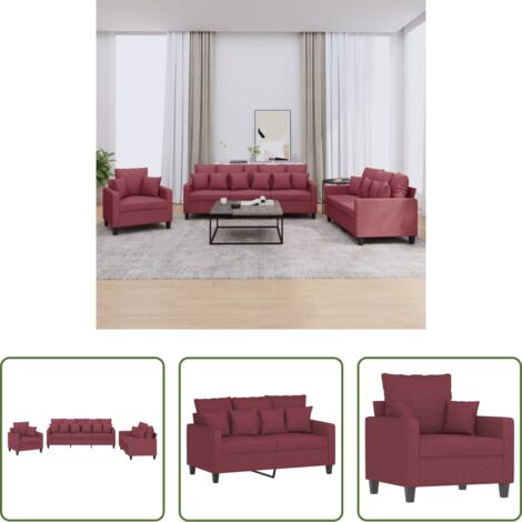 vidaXL Divano con cuscini -  Set di Divani 3 pz con Cuscini Rosso Vino in Tessuto