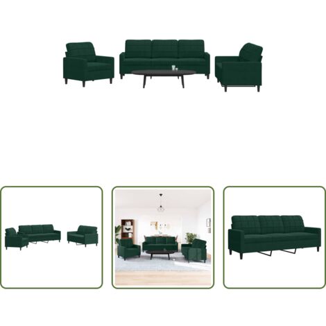 vidaXL Divano con cuscini -  Set di Divani 3 pz con Cuscini Verde scuro in Velluto