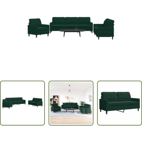 vidaXL Divano con cuscini -  Set di Divani 3 pz con Cuscini Verde scuro in Velluto