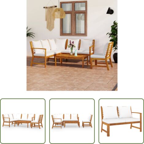 vidaXL Divano da balcone -  Set Divani da Giardino 5 pz con Cuscini Crema in Legno Acacia