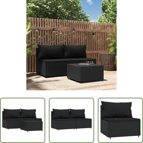 vidaXL Divano da esterno -  Set Divani da Giardino 3 pz con Cuscini Nero in Polyrattan