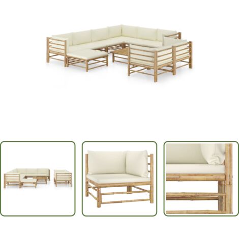 vidaXL Divano da esterno -  Set Salotto da Giardino 10pz con Cuscini Bianco Crema in Bambù