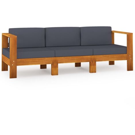 vidaXL Divano da Giardino 3 Posti Cuscini Grigio Scuro Legno di Acacia