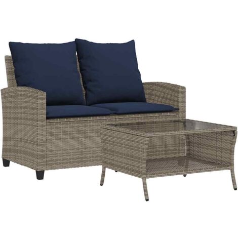 vidaXL Divano da Giardino a 2 Posti Cuscini&Tavolo Grigio Polyrattan