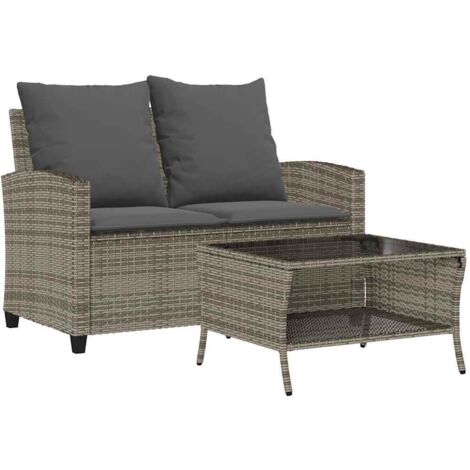 vidaXL Divano da Giardino a 2 Posti Cuscini&Tavolo Grigio Polyrattan