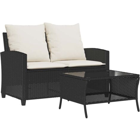 vidaXL Divano da Giardino a 2 Posti Cuscini&Tavolo Nero in Polyrattan