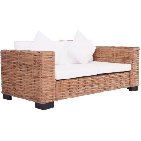 Divano Giardino 2/3 Posti In Rattan Naturale - Con Cuscini Bianco Crema, 155x78x67 Cm - Foto 12