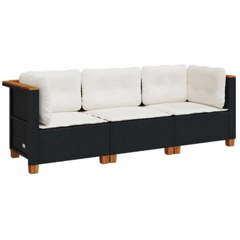 vidaXL Divano da Giardino a 3 Posti con Cuscini Nero in Polyrattan
