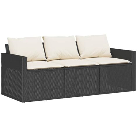 vidaXL Divano da Giardino a 3 Posti con Cuscini Nero in Polyrattan